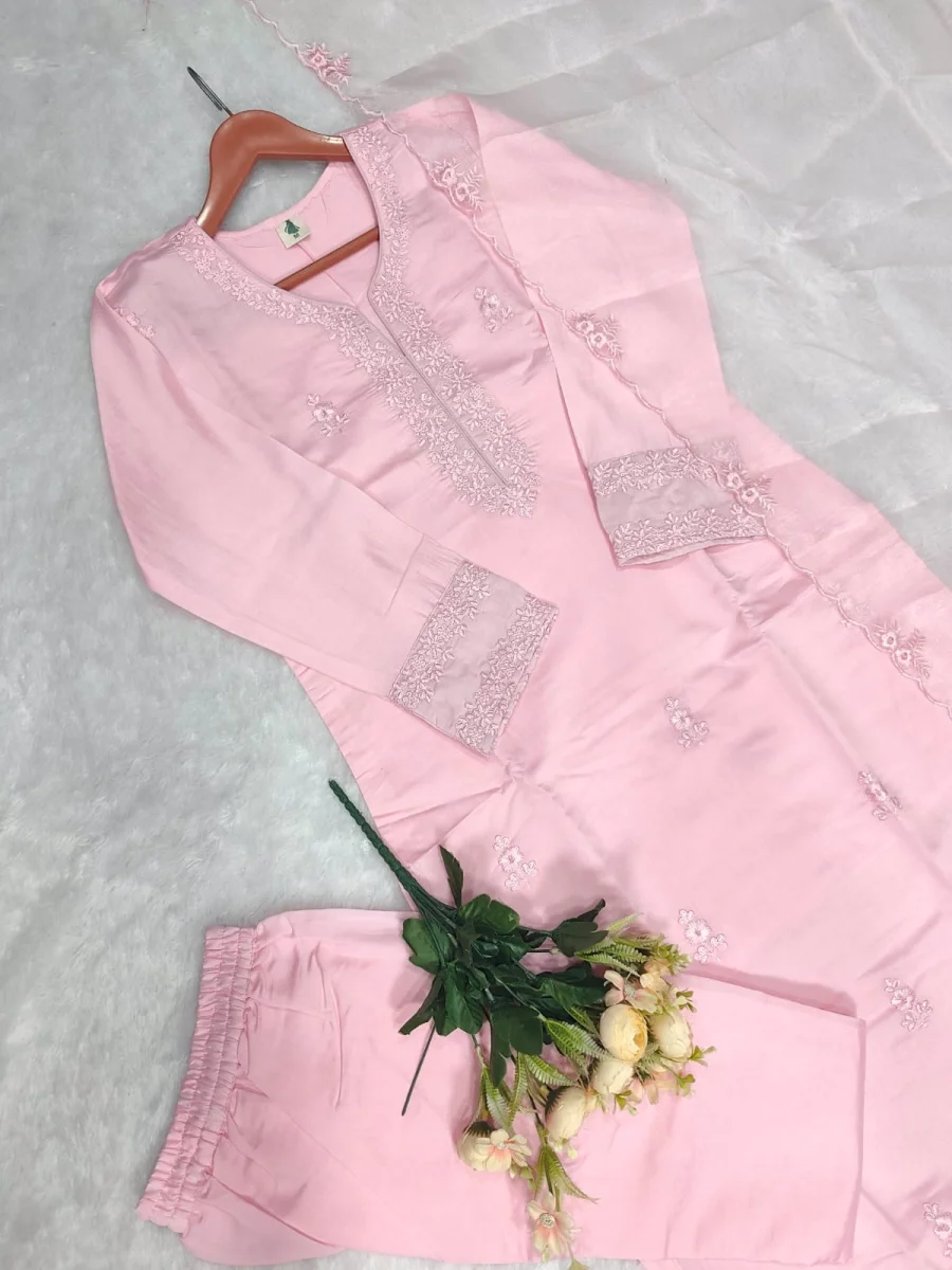 MODERN ROMAN SILK EMBROIDERY WORK TOP BOTTOM WITH DUPATTA DAILY WEAR WHOLESALE PRICE ETHNIC GARMENT (1)