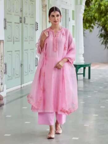 MODERN ROMAN SILK EMBROIDERY WORK TOP BOTTOM WITH DUPATTA BABY  PINK
