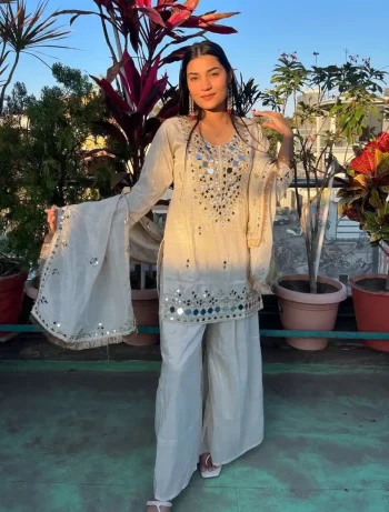 MODERN ROSE GOLD REAL MIRROR WITH EMBROIDERY WORK TOP PALAZZO WITH DUPATTA OFF WHITE