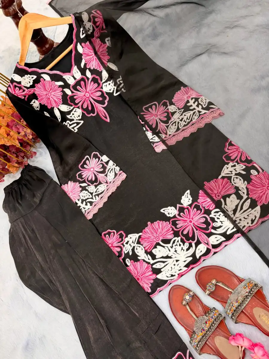 MODERN SATIN EMBROIDERY THREAD WORK TOP PATIYALA WITH DUPATTA FESTIVE WEAR WHOLESALE PRICE ETHNIC GARMENT (2)