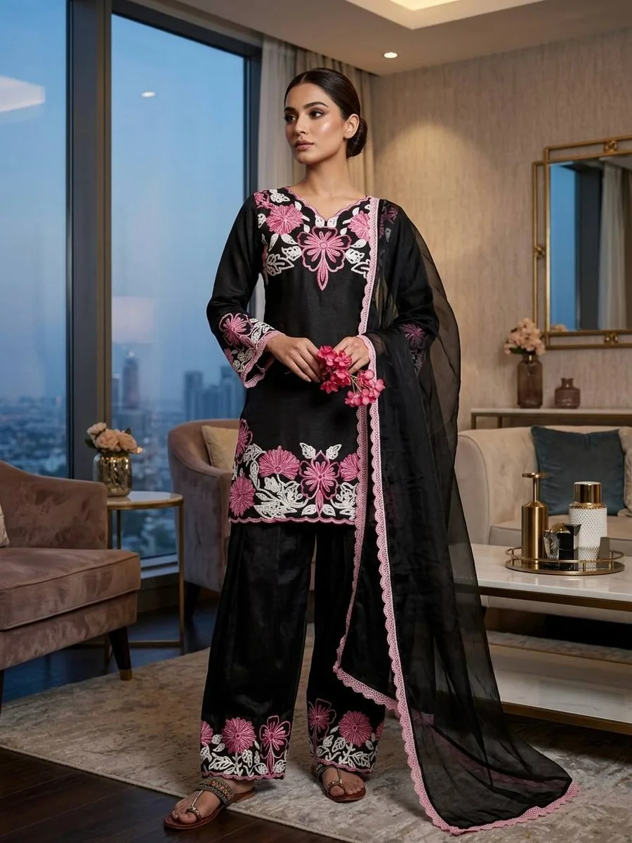 MODERN SATIN EMBROIDERY THREAD WORK TOP PATIYALA WITH DUPATTA FESTIVE WEAR WHOLESALE PRICE ETHNIC GARMENT (4)