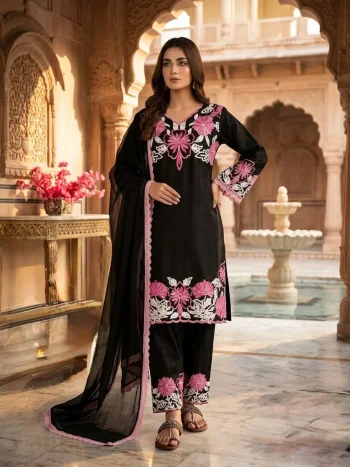 MODERN SATIN EMBROIDERY THREAD WORK TOP PATIYALA WITH DUPATTA BLACK