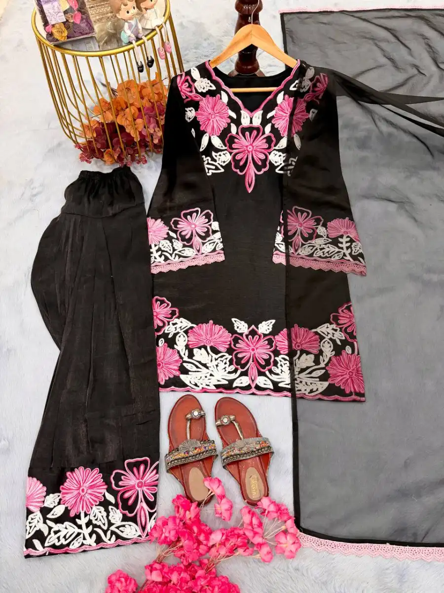 MODERN SATIN EMBROIDERY THREAD WORK TOP PATIYALA WITH DUPATTA FESTIVE WEAR WHOLESALE PRICE ETHNIC GARMENT (7)