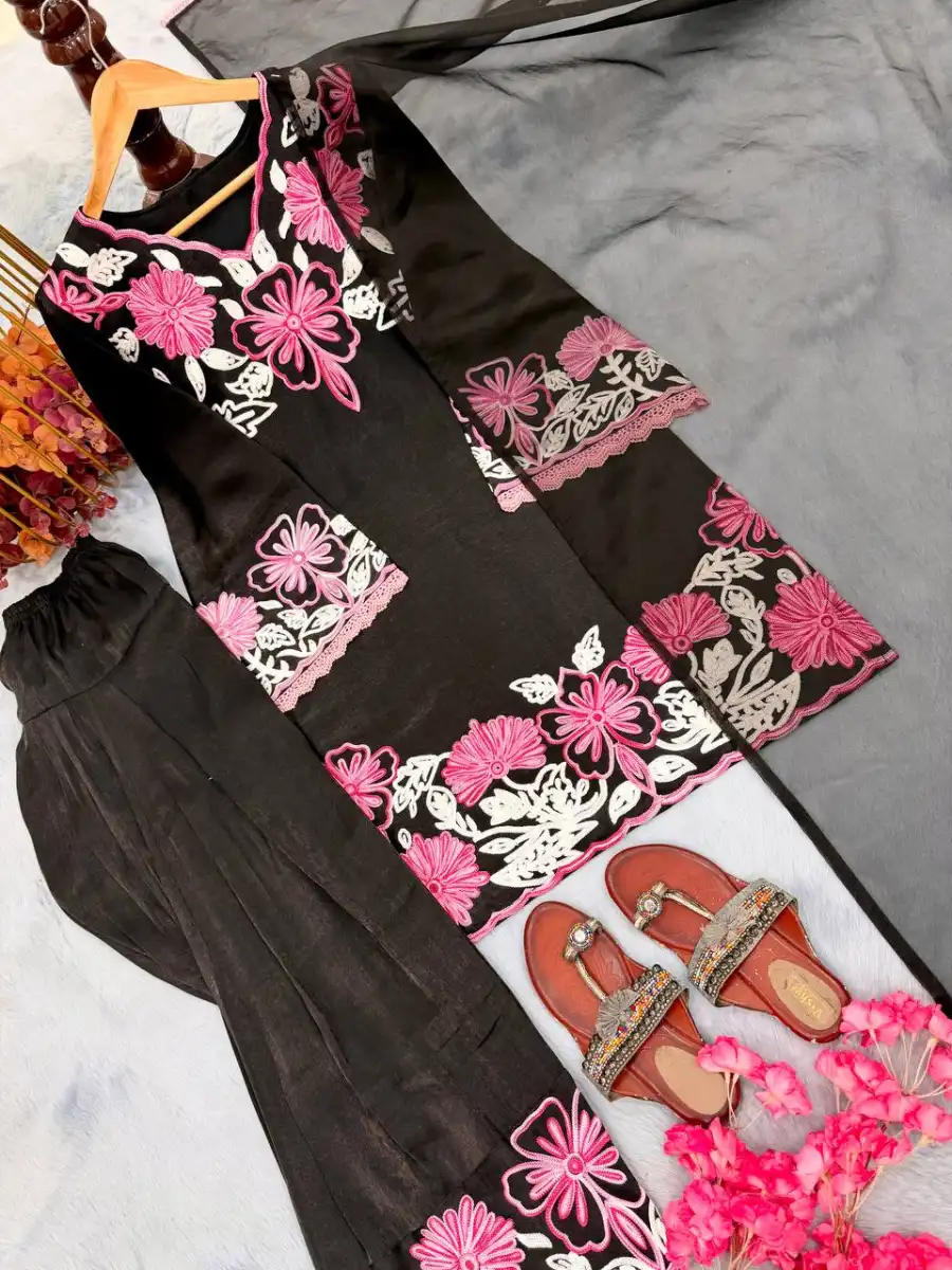 MODERN SATIN EMBROIDERY THREAD WORK TOP PATIYALA WITH DUPATTA FESTIVE WEAR WHOLESALE PRICE ETHNIC GARMENT (8)