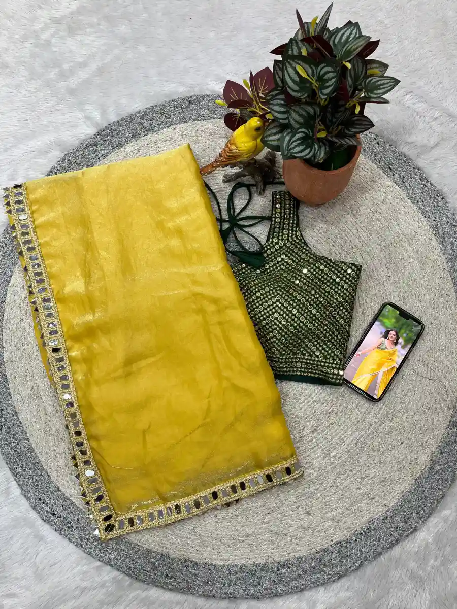 MODERN SATIN SILK PLAIN WITH EMBROIDERY WORK OF JARI DORI WITH REAL MIRROR WORK LACE BORDER SAREE WITH STITCHED BLOUSE PARTY WEAR WHOLESALE PRICE ETHNIC GARMENT (13)