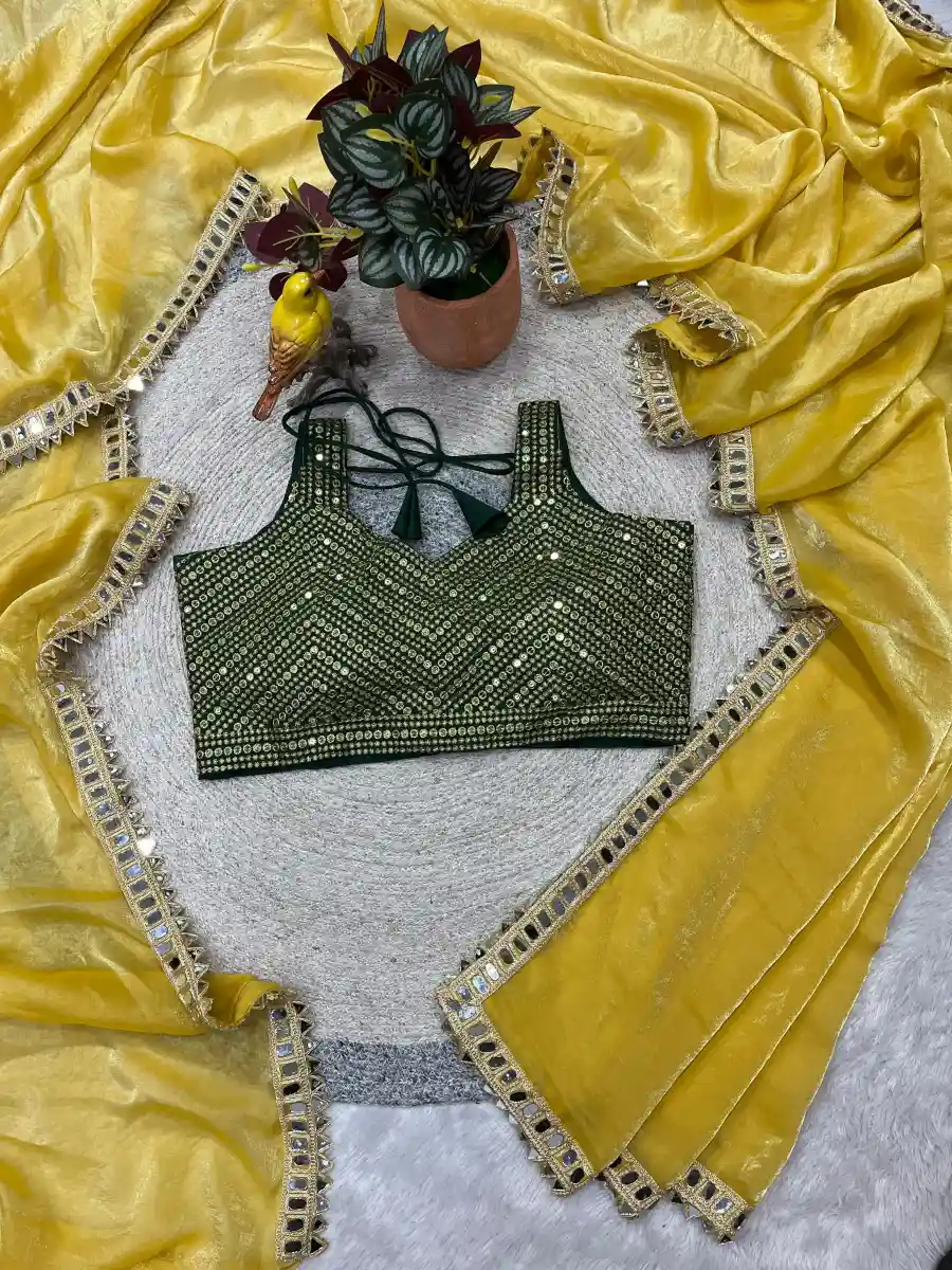 MODERN SATIN SILK PLAIN WITH EMBROIDERY WORK OF JARI DORI WITH REAL MIRROR WORK LACE BORDER SAREE WITH STITCHED BLOUSE PARTY WEAR WHOLESALE PRICE ETHNIC GARMENT (16)