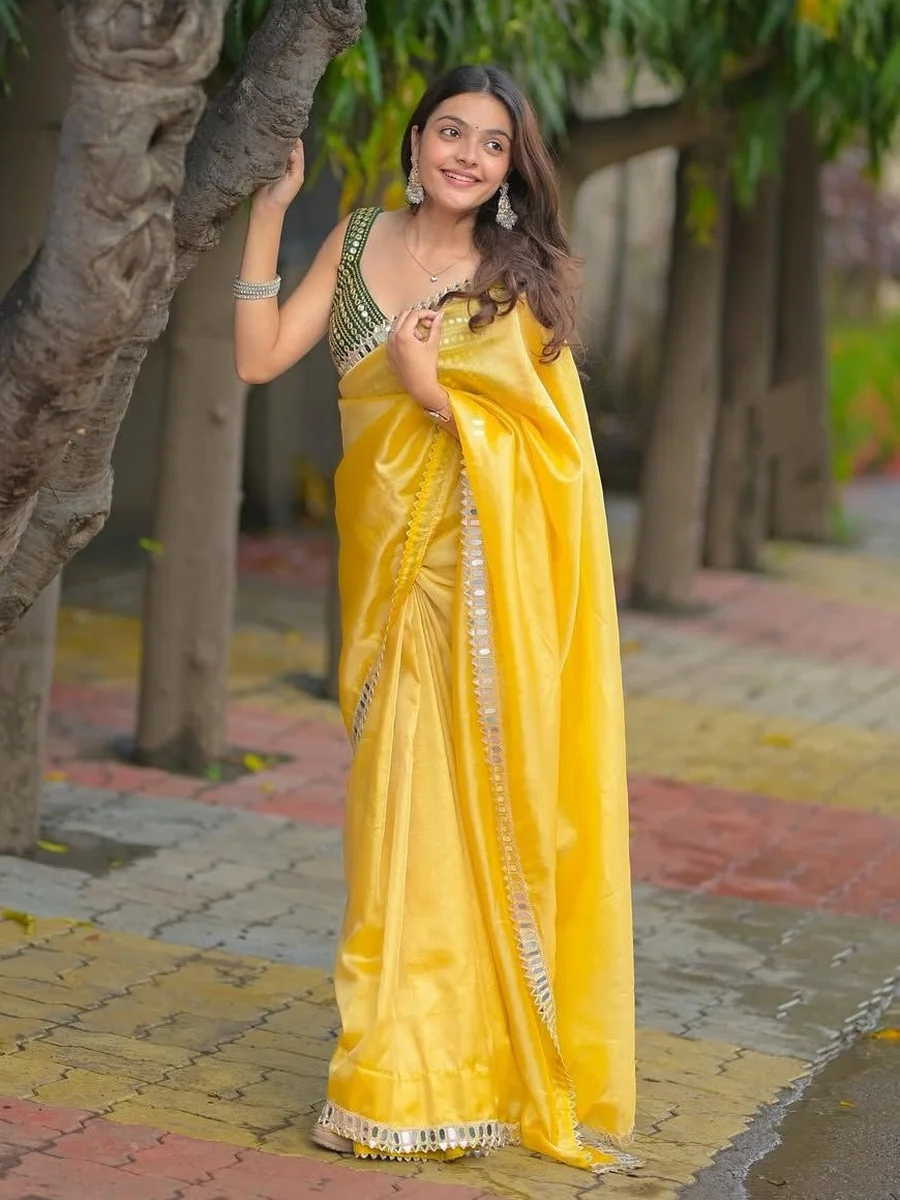 MODERN SATIN SILK PLAIN WITH EMBROIDERY WORK OF JARI DORI WITH REAL MIRROR WORK LACE BORDER SAREE WITH STITCHED BLOUSE PARTY WEAR WHOLESALE PRICE ETHNIC GARMENT (8)