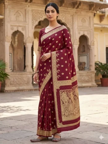 MODERN SILK FLOWERS AND MINA & ZARI WEAVING BORDER WORK SAREE WITH UNSTITCHED BLOUSE MAROON