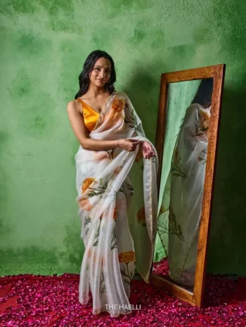 MODERN TABBY SILK FLORAL PRINT WITH BEADS AND CUTDANA HANDWORK SAREE WITH UNSTITCHED BLOUSE YELLOW AND WHITE