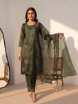 MODERN TWILL COTTON EMBROIDERY WORK TOP BOTTOM WITH DUPATTA MEHNDI