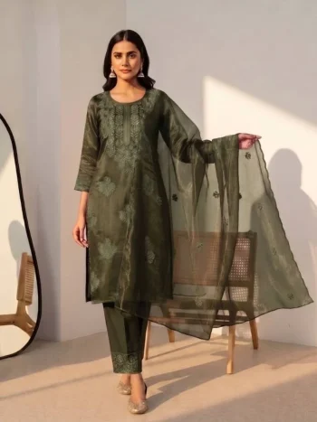 MODERN TWILL COTTON EMBROIDERY WORK TOP BOTTOM WITH DUPATTA MEHNDI