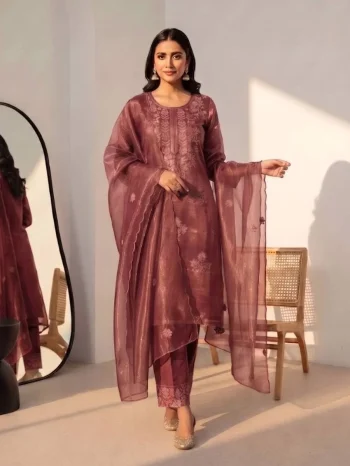 MODERN TWILL COTTON EMBROIDERY WORK TOP BOTTOM WITH DUPATTA RED