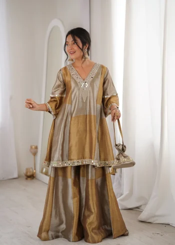 MODERN TWO TONE TISSUE CODING EMBROIDERED & MIRROR WORK LACE WORK TOP PALAZZO WITH BATWA CHIKU
