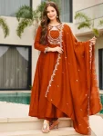 MODERN VICHITRA SILK EMBROIDERY WORK TOP BOTTOM WITH DUPATTA ORANGE