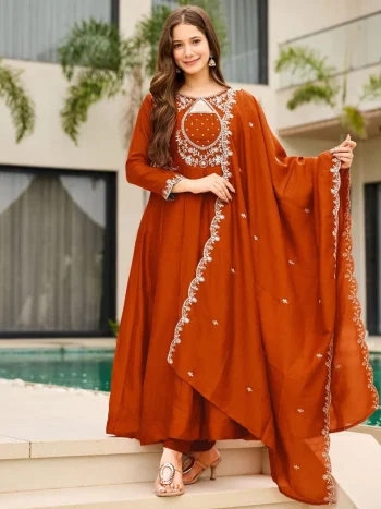 MODERN VICHITRA SILK EMBROIDERY WORK TOP BOTTOM WITH DUPATTA ORANGE