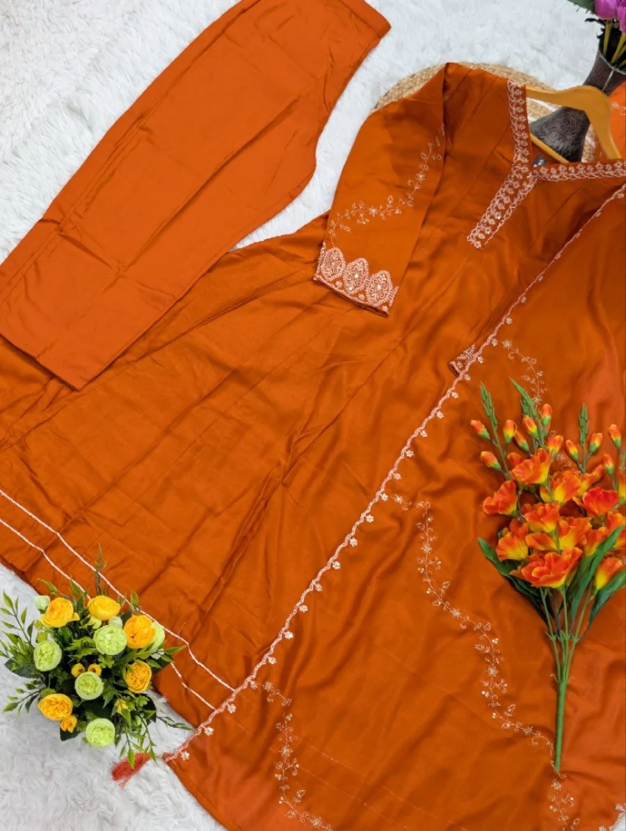 MODERN VICHITRA SILK SEQUENCE CODING EMBROIDERY WORK GOWN BOTTOM WITH DUPATTA FESTIVE WEAR WHOLESALE PRICE ETHNIC GARMENT (10)