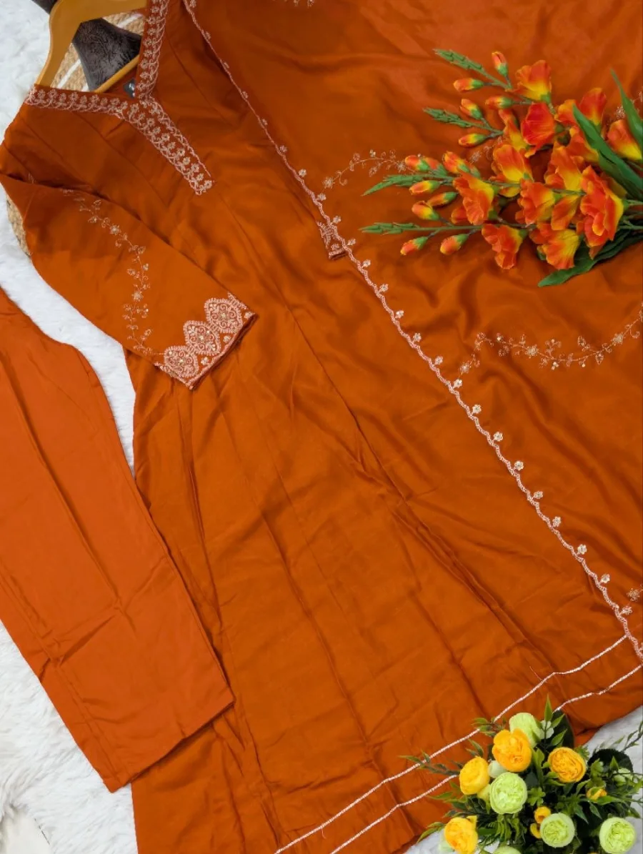 MODERN VICHITRA SILK SEQUENCE CODING EMBROIDERY WORK GOWN BOTTOM WITH DUPATTA FESTIVE WEAR WHOLESALE PRICE ETHNIC GARMENT (8)