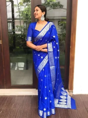 MOST PICKED LICHI SILK JACQUARD WORK SAREE WITH UNSTITCHED BLOUSE BLUE