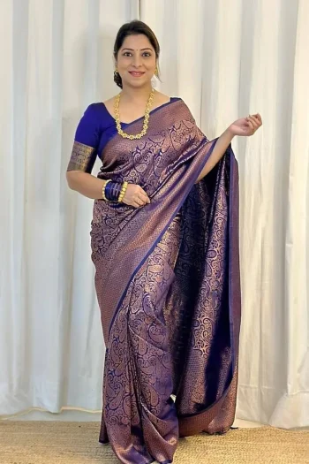 MOST PICKED LICHI SILK JACQUARD WORK SAREE WITH UNSTITCHED BLOUSE NAVY BLUE