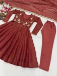 NEW ARRIVAL COSMOS SILK PLAIN ANARKALI GOWN BOTTOM WITH SEMI BEADS 3 MM SEQUENCE EMBROIDERY WORK KOTI AND DUPATTA WEDDING WEAR WHOLESALE PRICE ETHNIC GARMENT (2)