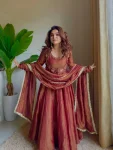 NEW ARRIVAL COSMOS SILK PLAIN ANARKALI GOWN BOTTOM WITH SEMI BEADS 3 MM SEQUENCE EMBROIDERY WORK KOTI AND DUPATTA GAJARI