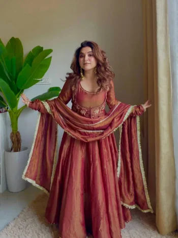 NEW ARRIVAL COSMOS SILK PLAIN ANARKALI GOWN BOTTOM WITH SEMI BEADS 3 MM SEQUENCE EMBROIDERY WORK KOTI AND DUPATTA GAJARI