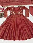 NEW ARRIVAL COSMOS SILK PLAIN ANARKALI GOWN BOTTOM WITH SEMI BEADS 3 MM SEQUENCE EMBROIDERY WORK KOTI AND DUPATTA WEDDING WEAR WHOLESALE PRICE ETHNIC GARMENT (2)
