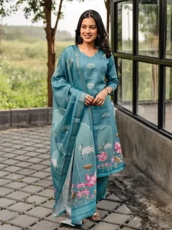 NEW ARRIVAL COTTON DIGITAL PRINT  WORK TOP BOTTOM WITH DUPATTA TEAL