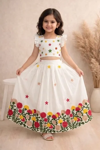 NEW ARRIVAL COTTON GOTA PIN WORK  KID'S LEHENGA CHOLI RED AND WHITE