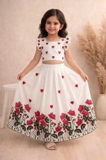 NEW ARRIVAL COTTON GOTA PIN WORK  KID'S LEHENGA CHOLI PINK AND WHITE