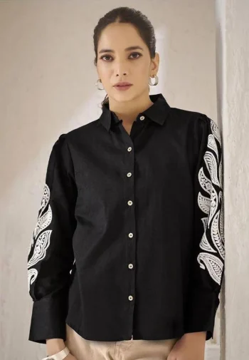NEW ARRIVAL DHABU COTTON HAND EMBROIDERY BUTTA WORK  ONLY TOP BLACK