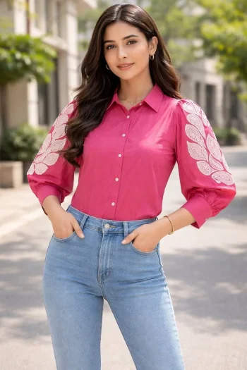 NEW ARRIVAL DHABU COTTON HAND EMBROIDERY BUTTA WORK  ONLY TOP PINK