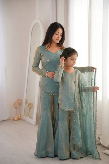 NEW ARRIVAL FENDY SILK EMBROIDERY SEQUENCE WORK MOTHER DAUGHTER SET RAMA