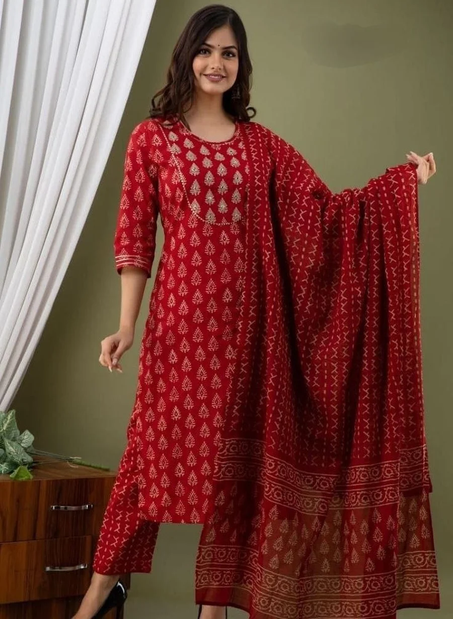 NEW ARRIVAL KOTA CHECKS COTTON PRINT WORK TOP BOTTOM WITH DUPATTA OFFICE WEAR WHOLESALE PRICE ETHNIC GARMENT (1)
