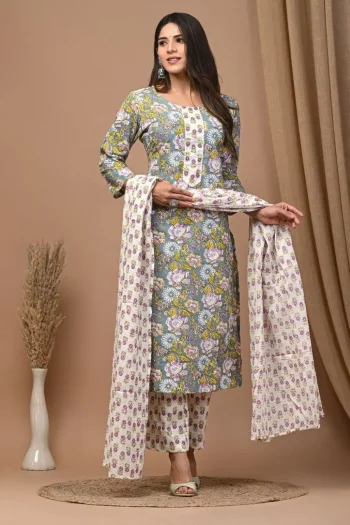NEW ARRIVAL KOTA CHECKS COTTON PRINT WORK TOP BOTTOM WITH DUPATTA GREY