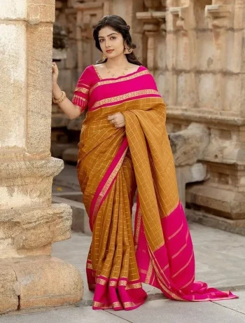 NEW ARRIVAL LICHI SILK JACQUARD WORK SAREE WITH UNSTITCHED BLOUSE YELLOW AND PINK