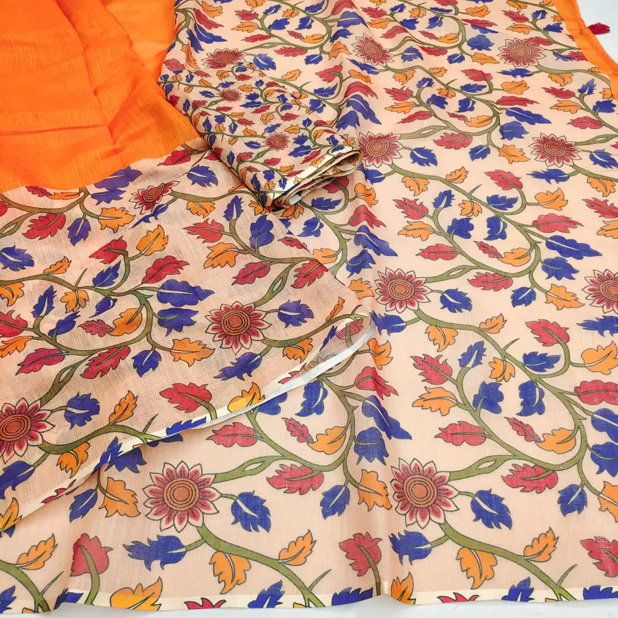 NEW ARRIVAL LINEN COTTON KALAMAKARI PRINTED WORK SAREE WITH UNSTITCHED BLOUSE DAILY WEAR WHOLESALE PRICE ETHNIC GARMENT (2)