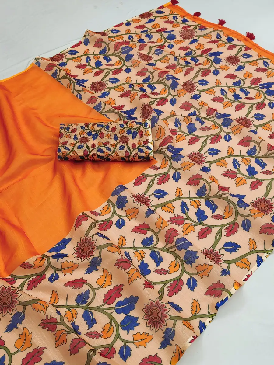 NEW ARRIVAL LINEN COTTON KALAMAKARI PRINTED WORK SAREE WITH UNSTITCHED BLOUSE DAILY WEAR WHOLESALE PRICE ETHNIC GARMENT (3)