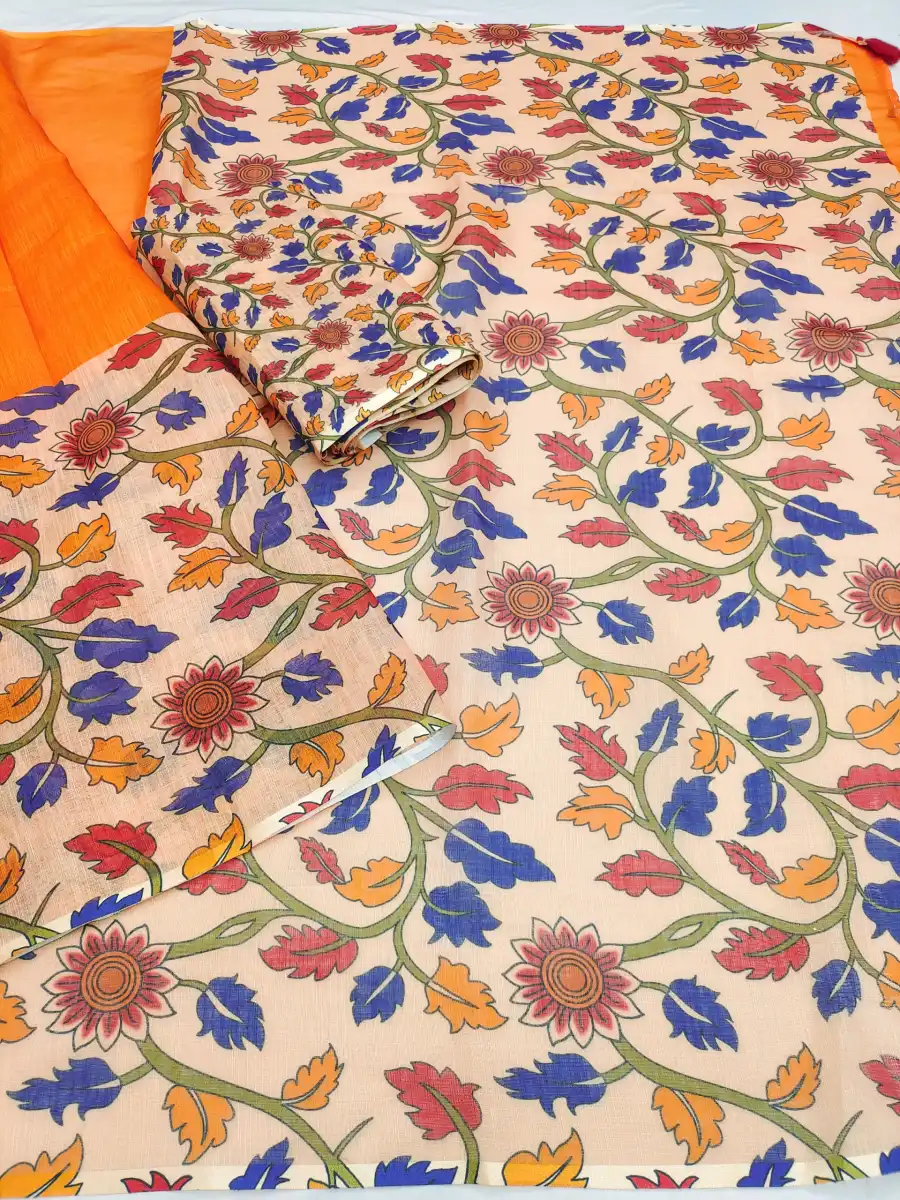 NEW ARRIVAL LINEN COTTON KALAMAKARI PRINTED WORK SAREE WITH UNSTITCHED BLOUSE DAILY WEAR WHOLESALE PRICE ETHNIC GARMENT (4)