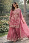 NEW ARRIVAL NATURAL CREPE EMBROIDERY AND SEQUENCE WORK TOP PALAZZO WITH DUPATTA  PINK