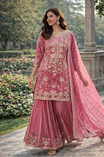NEW ARRIVAL NATURAL CREPE EMBROIDERY AND SEQUENCE WORK TOP PALAZZO WITH DUPATTA  PINK