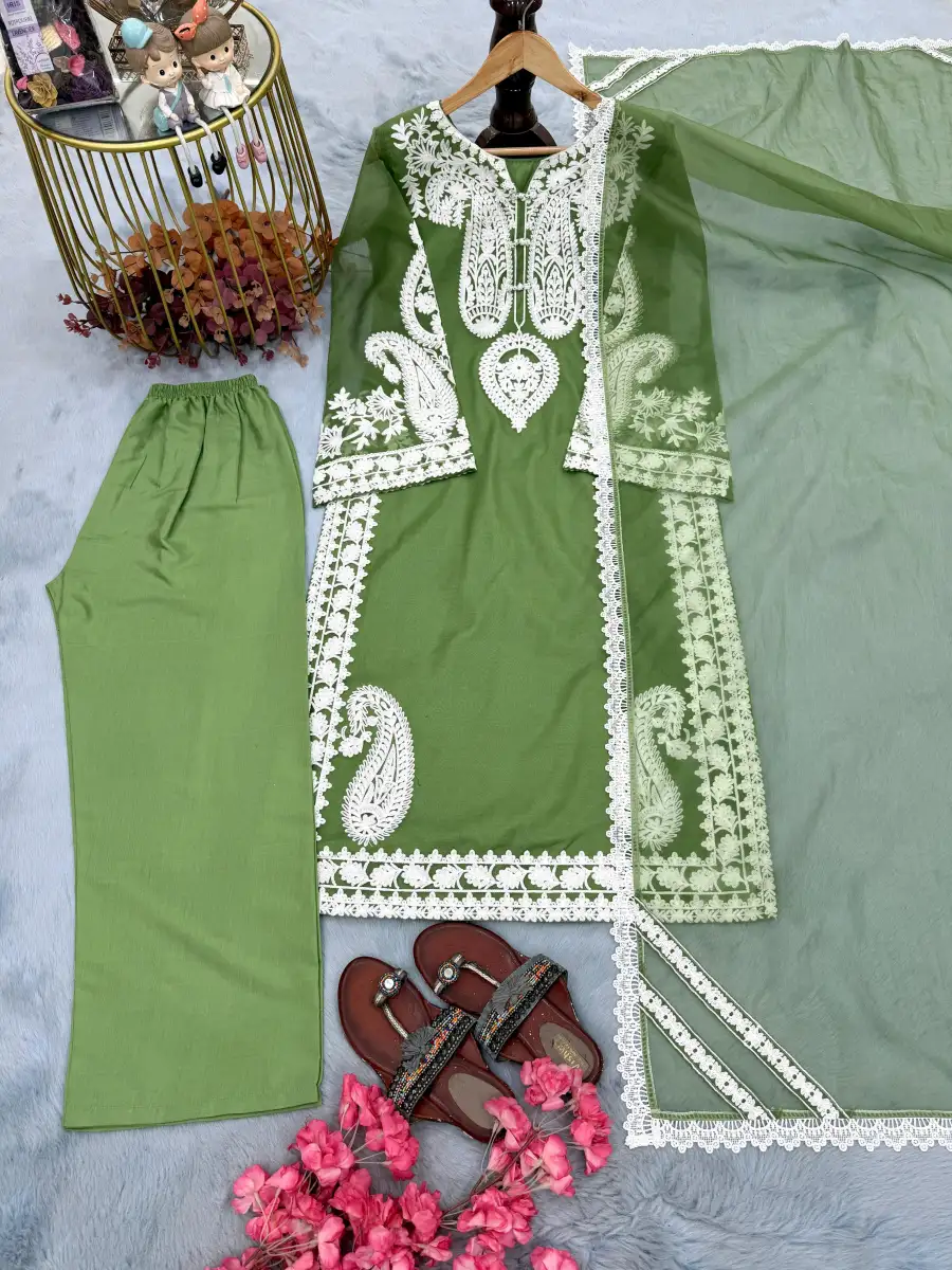 NEW ARRIVAL ORGANZA SILK EMBROIDERY WORK TOP PALAZZO WITH DUPATTA FESTIVE WEAR WHOLESALE PRICE ETHNIC GARMENT (11)