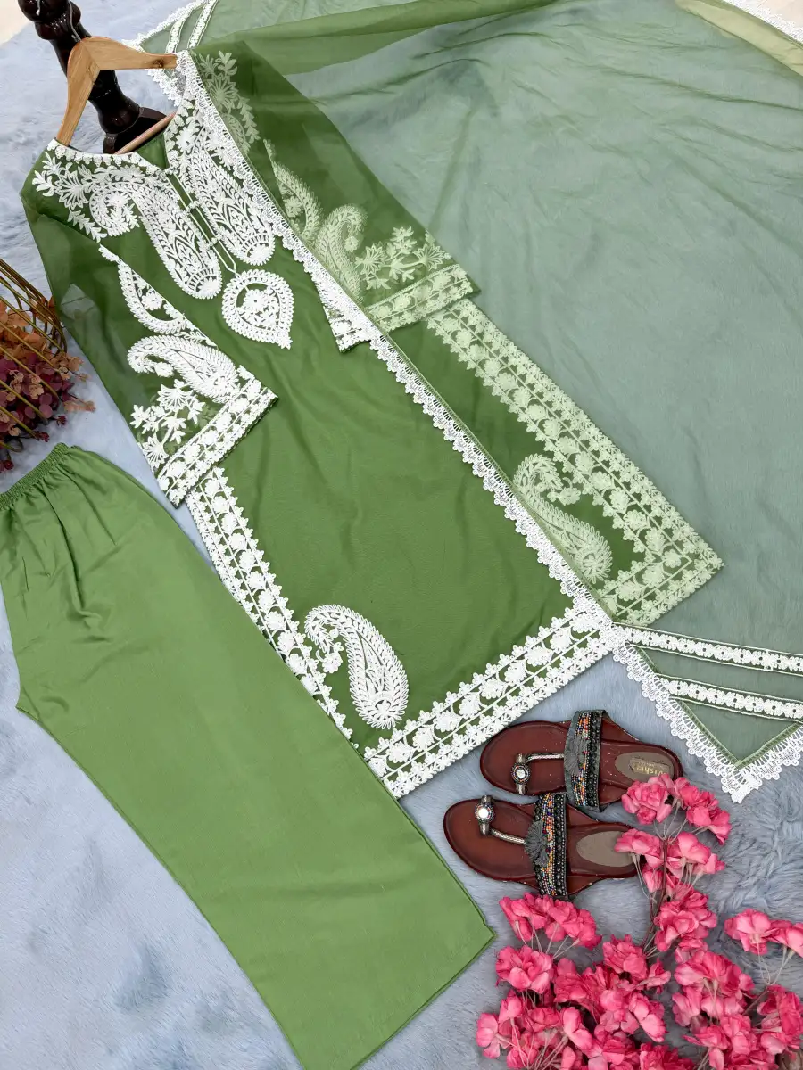 NEW ARRIVAL ORGANZA SILK EMBROIDERY WORK TOP PALAZZO WITH DUPATTA FESTIVE WEAR WHOLESALE PRICE ETHNIC GARMENT (12)