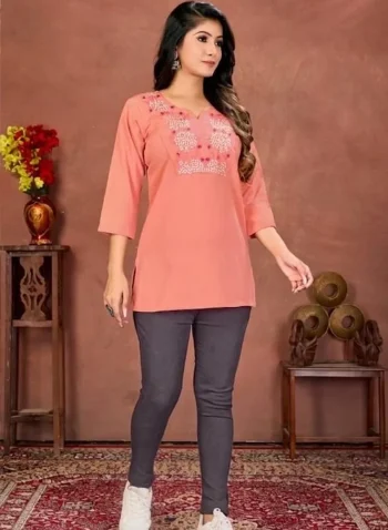NEW ARRIVAL RINKAL COTTON EMBROIDERY WORK ONLY TOP PEACH