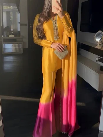 NEW ARRIVAL ROMAN GLASS EMBROIDERY CODING-DORI WITH REAL MIRROR HAND WORK TOP PALAZZO WITH DUPATTA YELLOW AND PINK