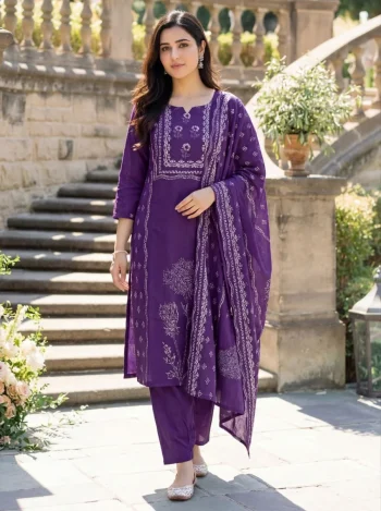 MODERN MUSLIN POSITION HAND PRINTED WORK TOP BOTTOM WITH DUPATTA PURPLE