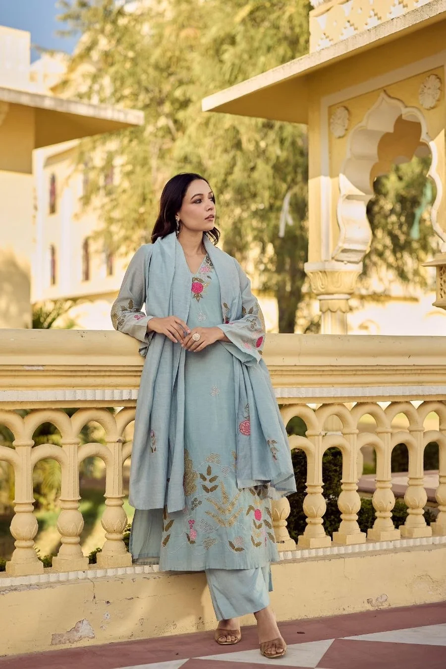 RICH LOOK CHANDERI SILK EMBROIDERY WORK TOP BOTTOM WITH DUPATTA FESTIVE WEAR WHOLESALE PRICE ETHNIC GARMENT (4)