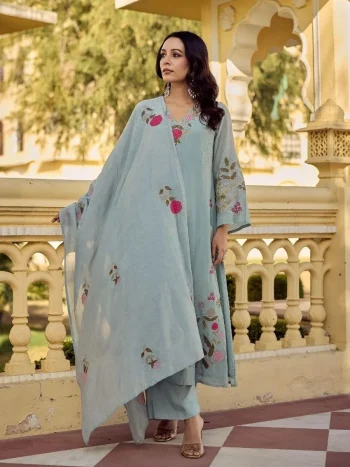 RICH LOOK CHANDERI SILK EMBROIDERY WORK TOP BOTTOM WITH DUPATTA SKY