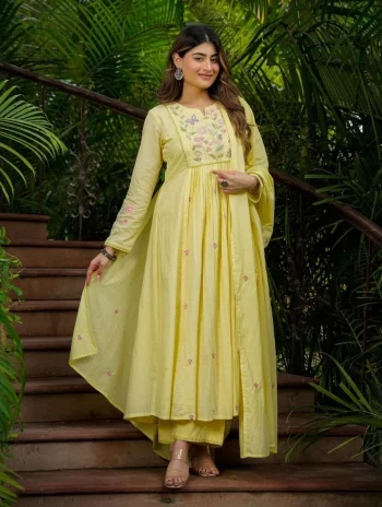 RICH LOOK CHANDERI SILK EMBROIDERY WORK TOP BOTTOM WITH DUPATTA LIGHT YELLOW
