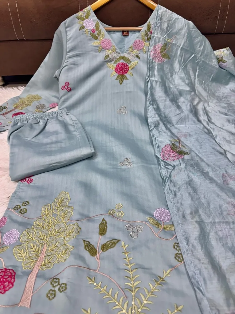 RICH LOOK CHANDERI SILK EMBROIDERY WORK TOP BOTTOM WITH DUPATTA FESTIVE WEAR WHOLESALE PRICE ETHNIC GARMENT (8)